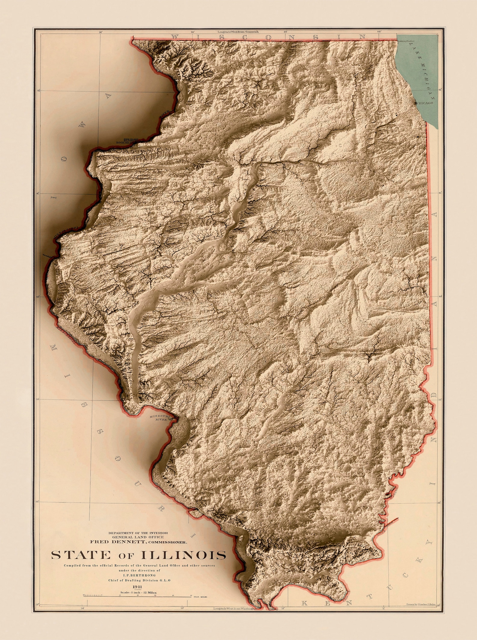 Illinois Map Illinois Relief Map Illinois Vintage Map Etsy