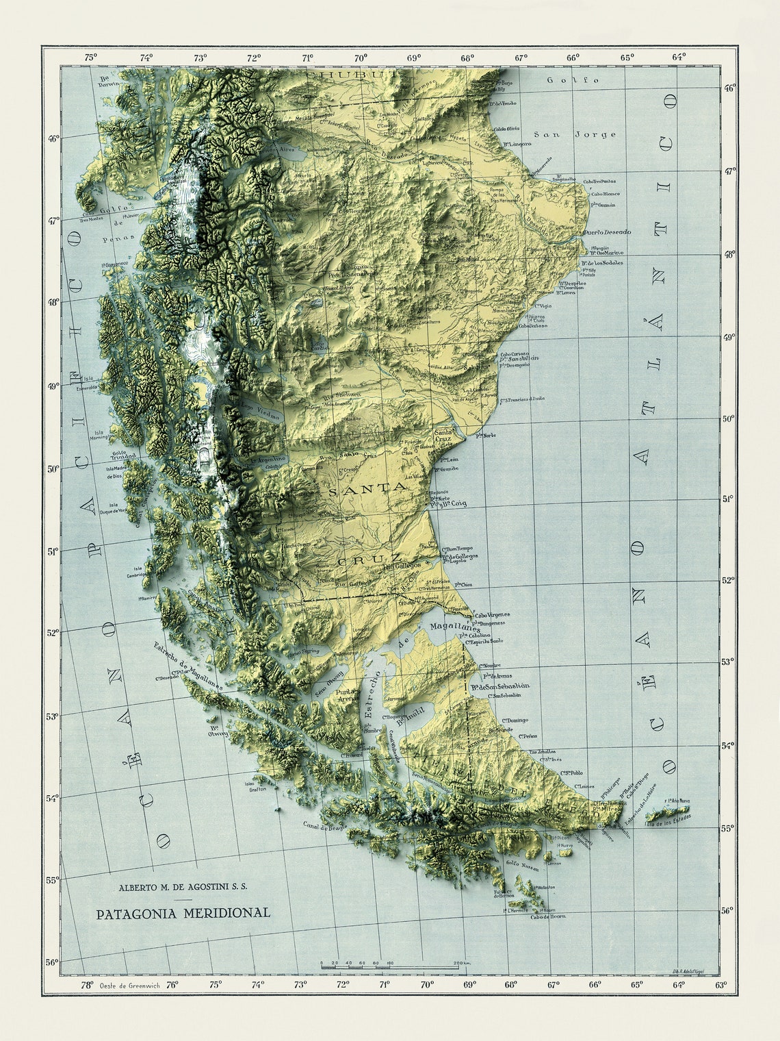 Patagonia Map, Patagonia Shaded Relief Map, Patagonia Wall Art ...
