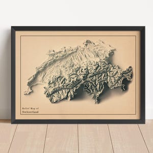 スイスのミニマルな地形図 | スイスの壁掛けアート | 額入りプリント | アンティーク調の壁飾り | 地形図ギフト | 3Dマップではありません