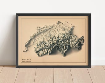 Switzerland Minimalist Relief Map | Switzerland Wall Art | Framed Print | Antique Wall Decor | Topographic Map Gift | NOT A 3D MAP