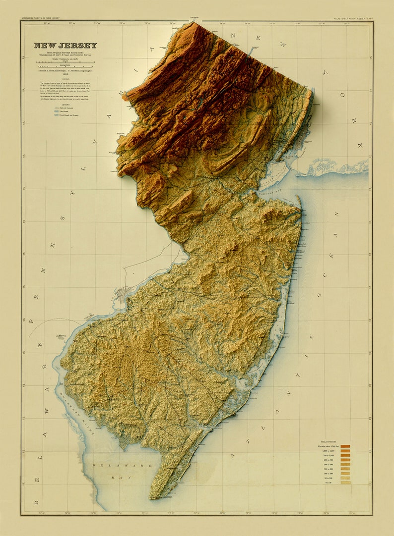 New Jersey Map New Jersey Relief Map Vintage Map of New Jersey New
