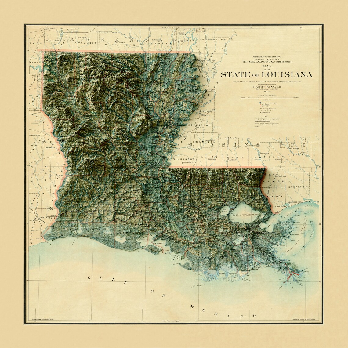 Louisiana Karte Relief Karte von Louisiana Louisiana Alte - Etsy.de