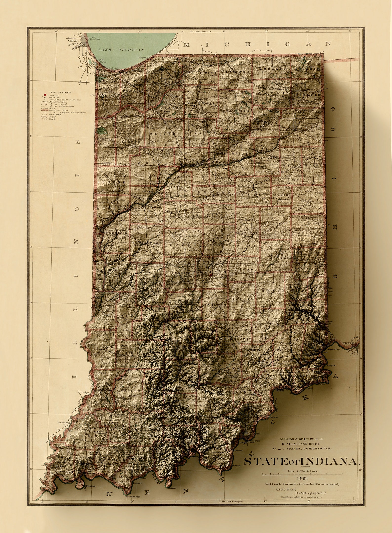 Indiana Map Indiana Relief Map Indiana Vintage Map Indiana Old Map