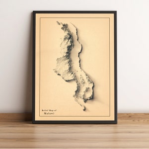 Malawi Minimalistische Reliefkarte | Malawi Wand Kunst | Malawi gerahmter Druck | Antikes Wanddekor | Topographische Karte Geschenk | KEINE 3D-KARTE