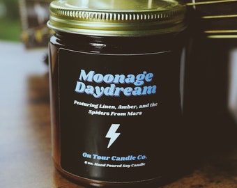 Moonage Daydream 8oz Candle | On Tour Candle Co. | Linen, Cotton, & Amber Hand Poured Soy Candle | Classic Rock Inspired Scents