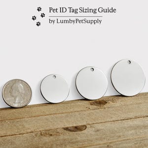 Three different sizes of pet ID tags compared to size of U.S. quarter (coin).