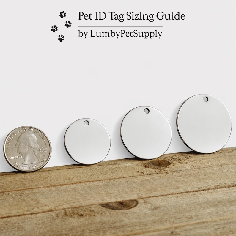 Three different sizes of pet ID tags compared to size of U.S. quarter (coin).