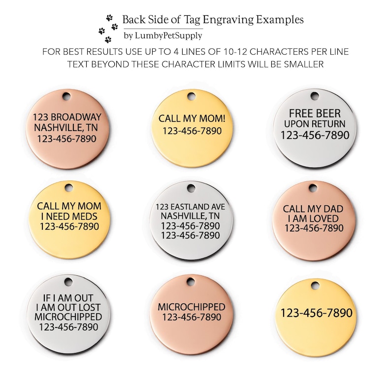Backside engraving options for horse bridle ID tag.