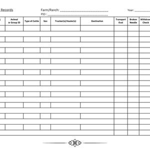Könnte beinhalten: Ein leeres Versandprotokollformular mit dem Titel "Shipping Records". Das Formular enthält Felder für Versanddatum, Tier- oder Gruppen-ID, Viehart, Geschlecht, Spediteur, Bestimmungsort und mehr. Das Formular dient der Aufzeichnung.