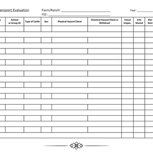 Könnte beinhalten: Ein weißes Formular mit dem Titel "Fit for Transport Evaluation" mit Spalten für Daten wie Versanddatum, Tier-ID, Rindviehart und Gefahrenkontrollen. Das Formular enthält Platz für Notizen und einen dekorativen unteren Rand.