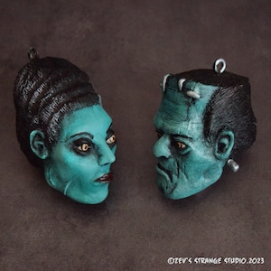 Frankie & The Bride! Frankenstein, Bride of Frankenstein famous monster couple, handmade, hand painted sculptures, hanging art, horror art