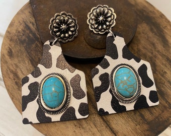 Cow Print & Turquoise Wood Earrings