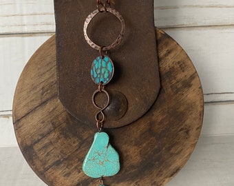 Western Inspired Turquoise and Copper Y Necklace with Hammered Copper Patina Accents