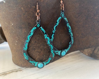 Copper Patina Earrings With Turquoise Accent