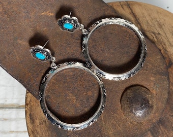 Turquoise Engraved Southwestern | Western Hoop Earrings