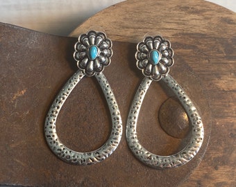 Turquoise Concho teardrop hammered Western Earrings