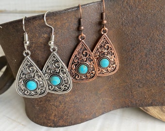 Etched Western Turquoise Teardrop Earrings