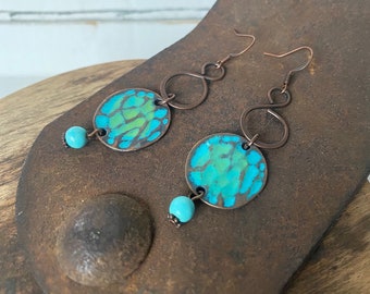 Handmade Turquoise & Hammered Copper Earrings with Turquoise Patina