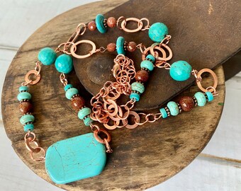 Western Inspired Turquoise and Bright Copper Necklace