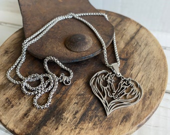 Stainless Steel Heart Horses Necklace