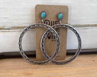 Large Etched Antiqued Hoop Earring with Turquoise Accent