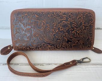 Western Style Genuine Leather Wallet, Embossed Flower Double Zipper Clutch With 24 Card Holder