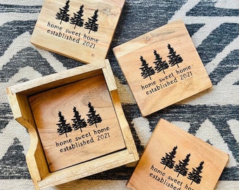 Custom HOME SWEET HOME Coasters - Set of 4 - Free Shipping - Pine Trees - Laser Engraved - Home Decor -Housewarming - Christmas