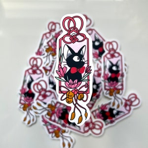 Süßer schwarze Katze Ji Ji Aufkleber, Lieferservice Aufkleber, japanische Aufkleber, Glücksbringer Aufkleber, Planer Aufkleber, Anime Aufkleber, Blumenaufkleber