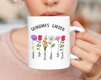 May include: White ceramic mug with the text "Grandma's Garden" and a floral design with names "Sophia, Kyle, Lincoln, Allison, Lykke, David" written below each flower.