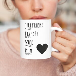 May include: White ceramic mug with black text that reads "Girlfriend Est. 2019, Fiancée Est. 2021, Wife Est. 2022, Mom Est. 2023". A black heart is to the right of the text.