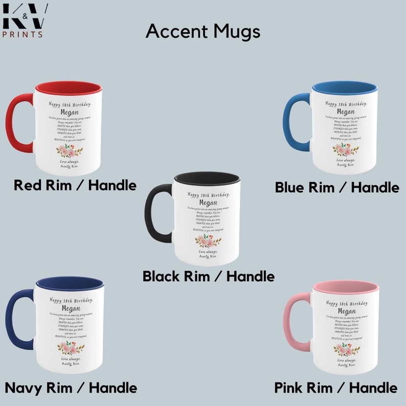May include: Set of five personalized mugs with different colored rims and handles. Each mug features a white background with a black inscription that reads "Happy 18th Birthday Megan" and a floral design. The inscription includes a message of love and well wishes.