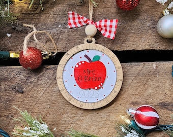 Personalized Teacher Christmas Ornament: Apple Ruler, Engraved Wood