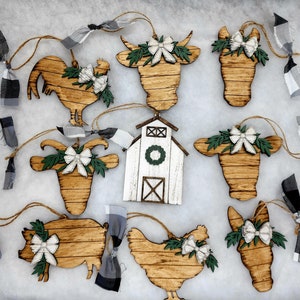 Farmhouse Christmas Ornaments: Rustic Barnyard Animals with Barn