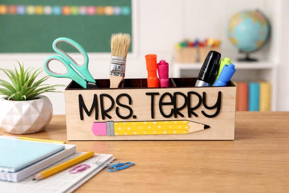 Personalized Teacher Pen Holder: Hand-Painted Wooden Desk Organizer