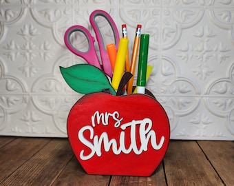 Teacher Desktop Pen Holder Caddy - Apple, Desktop Organizer, Personalized Gift for Teacher Appreciation, Custom Personalized Teacher Gift