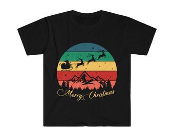 Merry Christmas, santa claus and reindeer flying, with a retro background on  Unisex Softstyle T-Shirt