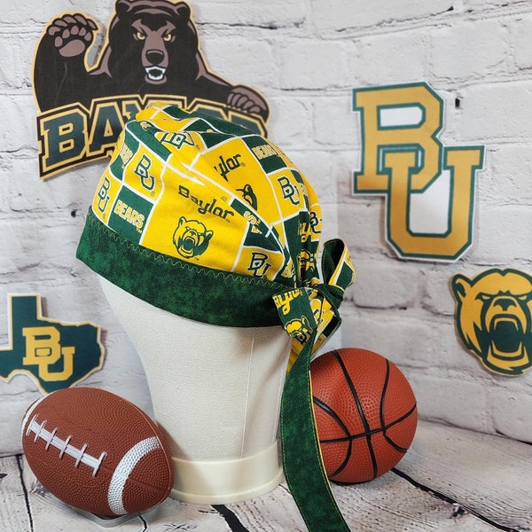Baylor Bears: Tie-Back Scrub Hat, Fully Reversible; 4 looks in 1 hat; Surgical, Doctor, Nurse