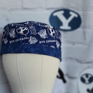 Reversible Brigham Young Skull Cap Style Scrub Hat with Flip Brim; 4 looks in 1 hat; using Licensed Fabric