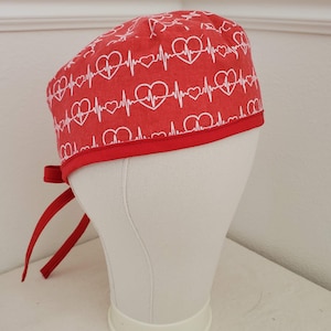 Reversible Heartbeat Scrub Hat; 2 looks in 1 hat; EKG heartbeats with Red & White