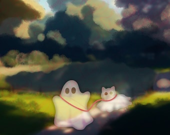 Ghost Walk Digital Print Download - Spooky Ghost and Ghost Cat Strolling in the Park - Halloween Wall Art - Hauntingly Charming Home Decor