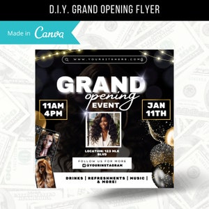 Può includere: Un volantino di grande apertura nero e dorato con il testo "GRAND opening EVENT" in bianco. Il volantino include anche la data "JAN 11TH", l'ora "11AM 4PM" e la posizione "123 MLK BLVD". Il volantino include anche il testo "FOLLOW US FOR MORE @YOURINSTAGRAM" e "DRINKS | REFRESHMENTS | MUSIC | & MORE!"