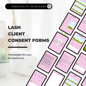 Pu&ograve; includere: Moduli di consenso per clienti di ciglia stampabili rosa e bianchi con un design di paesaggio verde e blu. Il testo "Lash Client Consent Forms" &egrave; visualizzato in nero. Il testo "Templates for you to stand out." &egrave; anche visualizzato in nero.