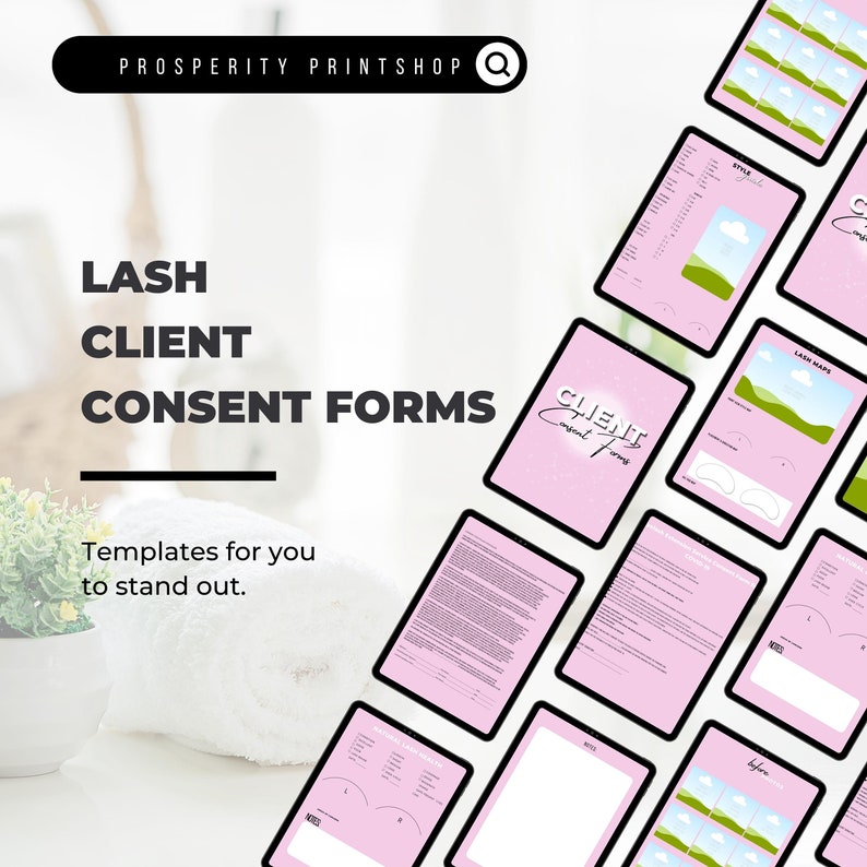 Pu&ograve; includere: Moduli di consenso per clienti di ciglia stampabili rosa e bianchi con un design di paesaggio verde e blu. Il testo "Lash Client Consent Forms" &egrave; visualizzato in nero. Il testo "Templates for you to stand out." &egrave; anche visualizzato in nero.