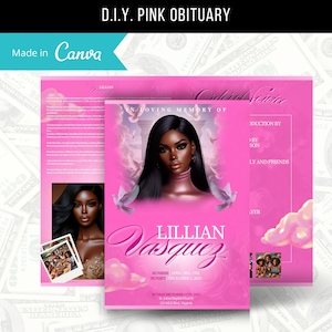 8.5&quot;x 11&quot; Pink Obituary Template (4 pages) Pink Style Funeral Program | Celebration of Life |Women Rose Obituary |Canva Template