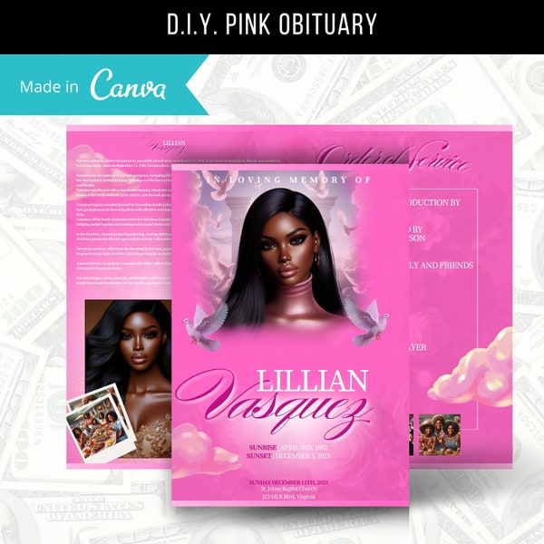 8.5"x 11" Pink Obituary Template (4 pages) Pink Style Funeral Program | Celebration of Life |Women Rose Obituary |Canva Template