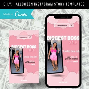 May include: Pink Instagram story templates with the text "BIGGEST BO$$ SALE" and "limited time only!" The templates feature a woman in a pink outfit and the website address www.yourwebsite.com. The templates are made in Canva.
