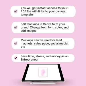 May include: A digital mockup design displayed on a black tablet with a white stylus. The image features text about accessing PDF files, editing mockups in Canva, and using them for marketing. The background is a soft pink.