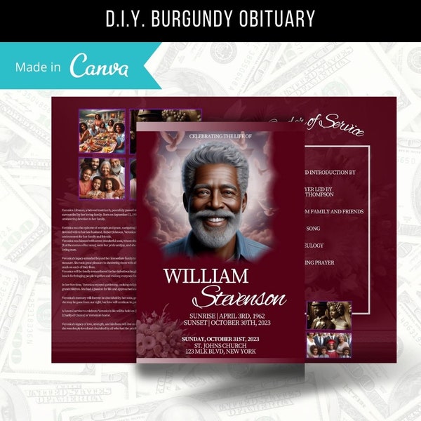 8.5"x 11" Red/ Burgundy Obituary Template (4 pages) Red Style Funeral Program | Celebration of Life |Men Rose Obituary |Canva Template