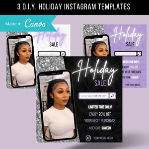 May include: Two Instagram post templates with a black background and silver glitter accents. The text "Holiday Sale" is in white neon lettering. The text "www.yourwebsite.com" is in white with a magnifying glass icon. The text "Limited Time Only! Enjoy 20% off your next purchase. Use code: SAVE20" is in white. The text "Your Social Media" is in white with an Instagram icon.