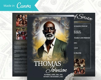 Puede incluir: Una plantilla de obituario gris con el texto "D.I.Y. GREY OBITUARY" en la parte superior. El diseño presenta un retrato de un hombre, el nombre "Thomas Johnson" y detalles de su vida. Las palabras "Made in Canva" también son visibles.